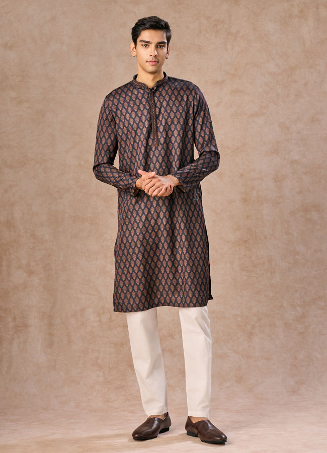 Manyavar Men Dark Blue Satin Finish Kurta Pajama