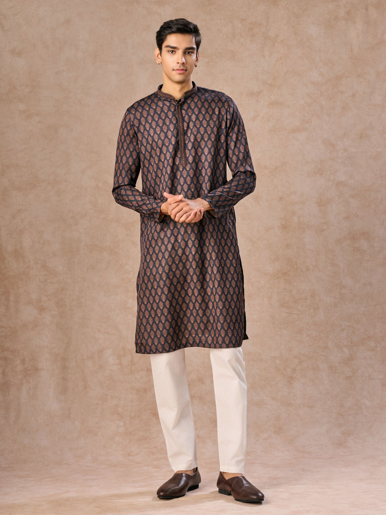 Manyavar Men Dark Blue Satin Finish Kurta Pajama