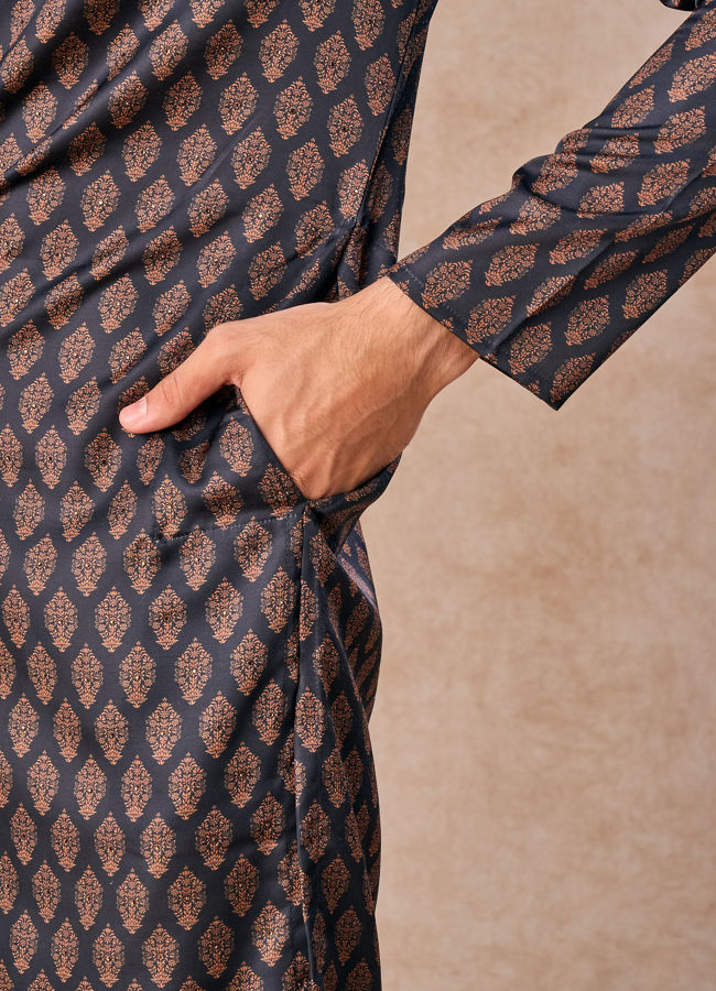 Manyavar Men Dark Blue Satin Finish Kurta Pajama