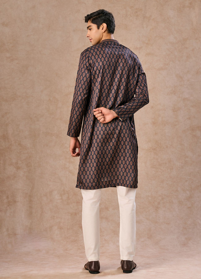 Manyavar Men Dark Blue Satin Finish Kurta Pajama