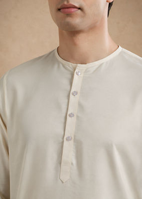 Manyavar Men Cream Blended Viscose Kurta Pajama with Basic Design