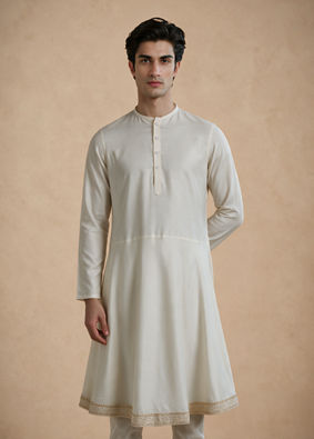 Manyavar Men Cream Blended Viscose Kurta Pajama with Basic Design