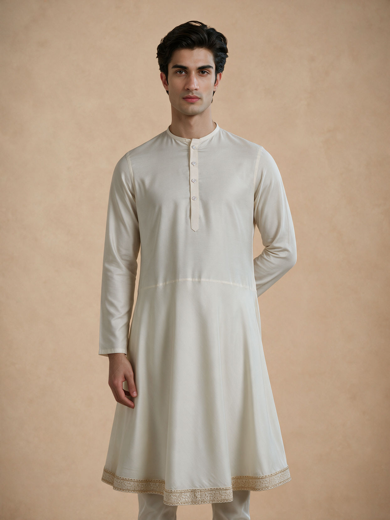 Manyavar Men Cream Blended Viscose Kurta Pajama with Basic Design