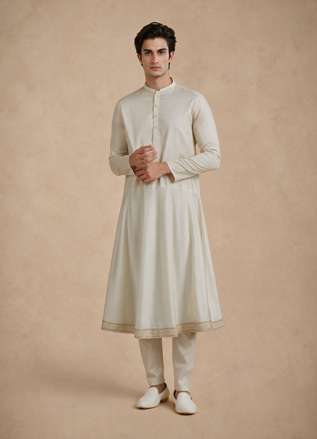 Manyavar Men Cream Blended Viscose Kurta Pajama with Basic Design