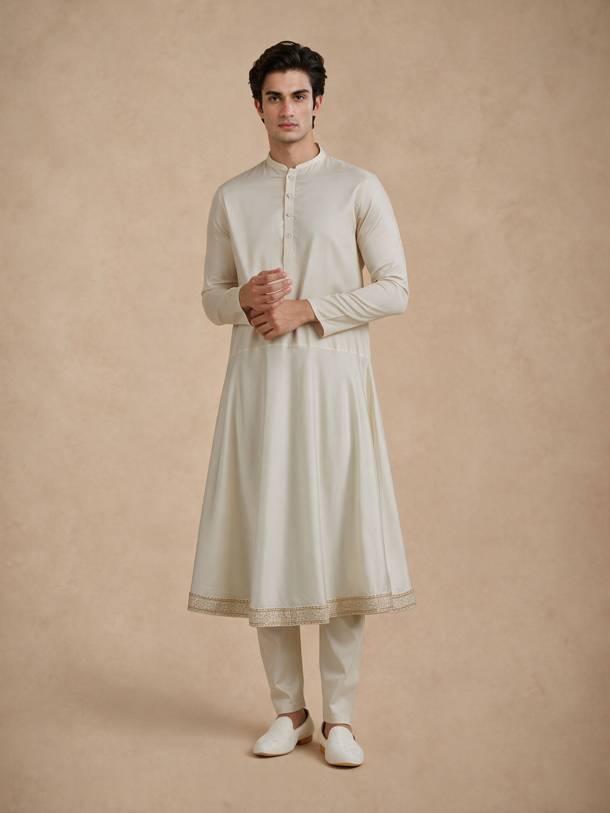 Manyavar Men Cream Blended Viscose Kurta Pajama with Basic Design