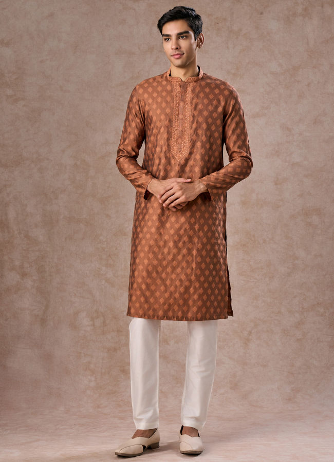 Manyavar Men Elegant Tan Kurta Pajama Set