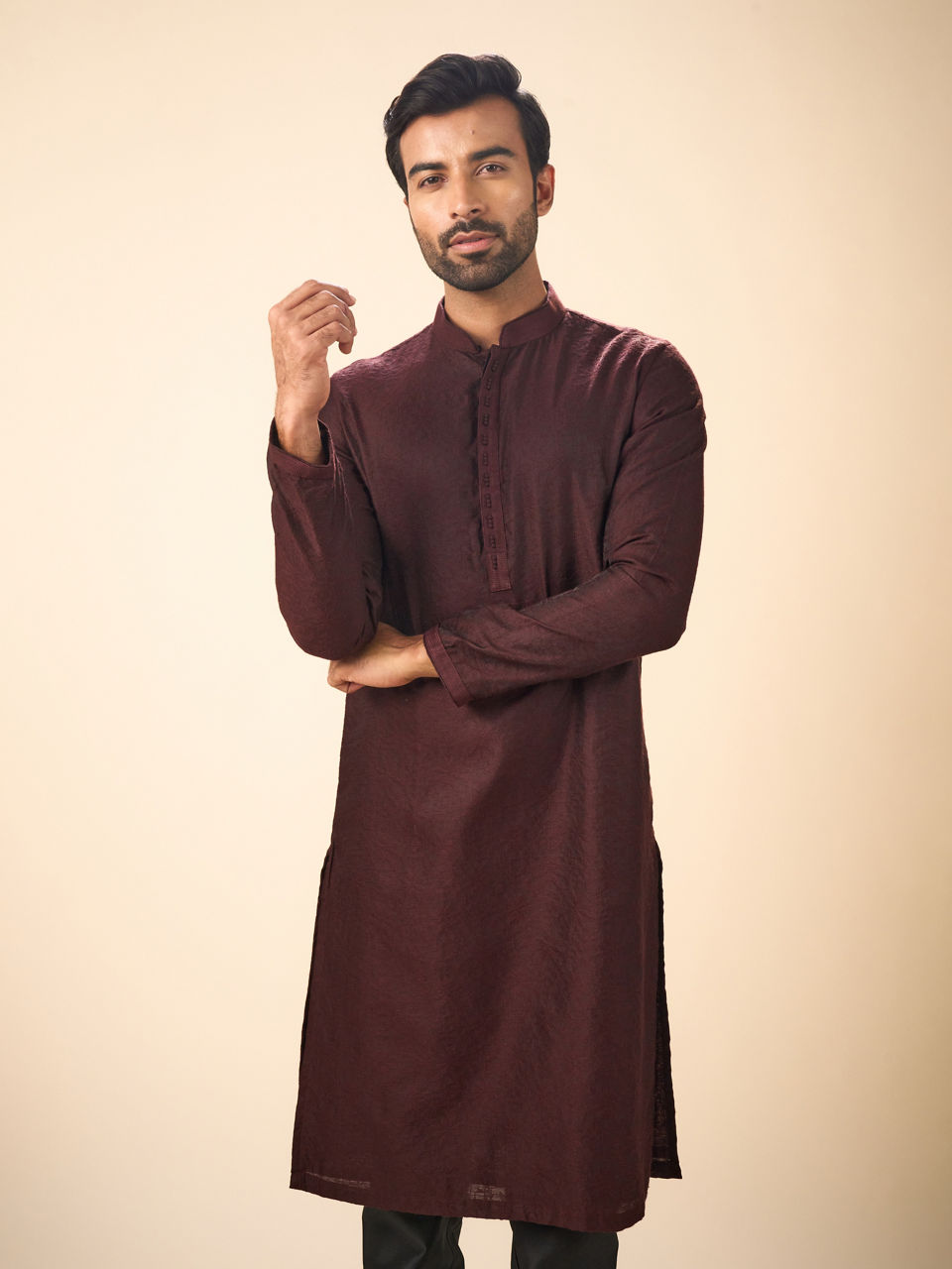 Manyavar Men Elegant Wine Kurta Pajama Ensemble