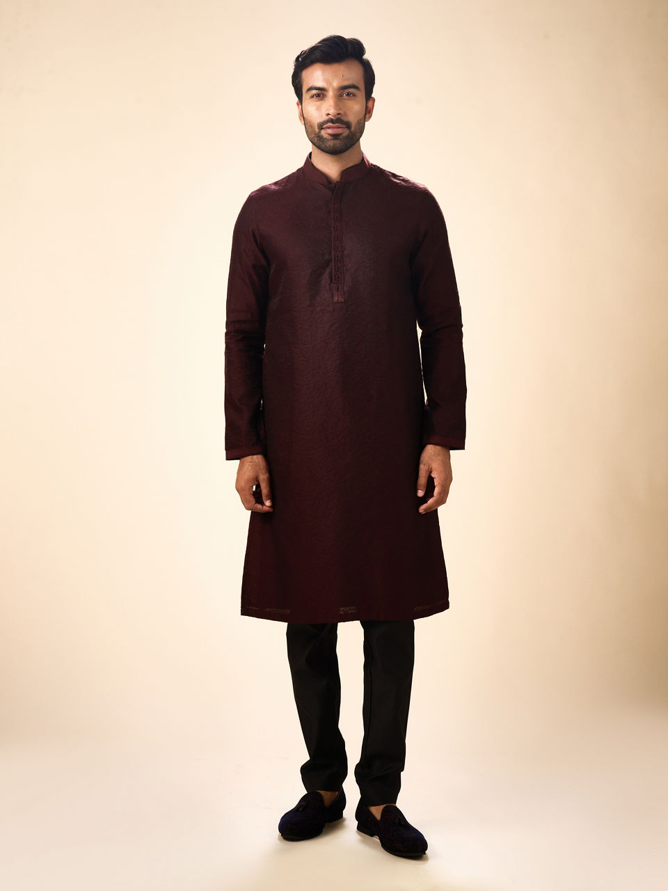 Manyavar Men Elegant Wine Kurta Pajama Ensemble