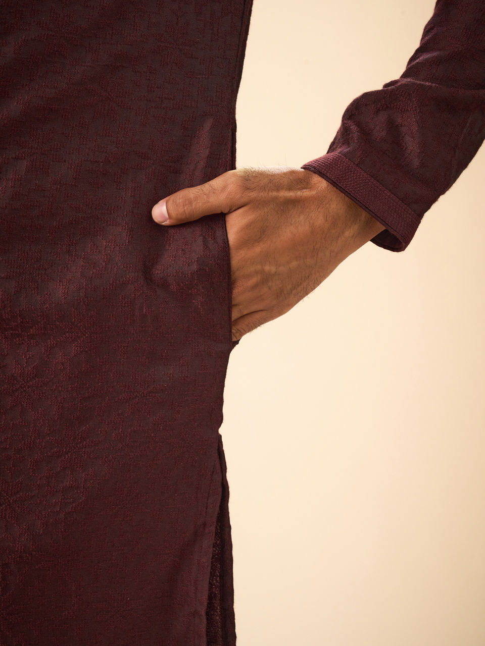 Manyavar Men Elegant Wine Kurta Pajama Ensemble