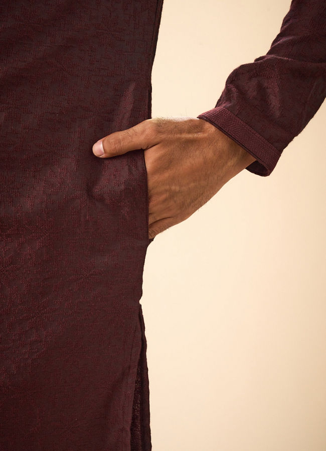 Manyavar Men Elegant Wine Kurta Pajama Ensemble