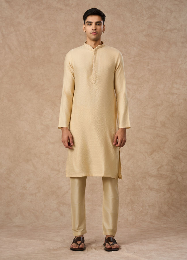 Manyavar Men Beige Blended Viscose Kurta Pajama with Textured Design