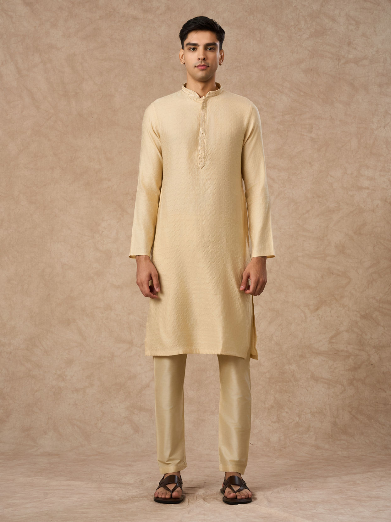 Manyavar Men Beige Blended Viscose Kurta Pajama with Textured Design