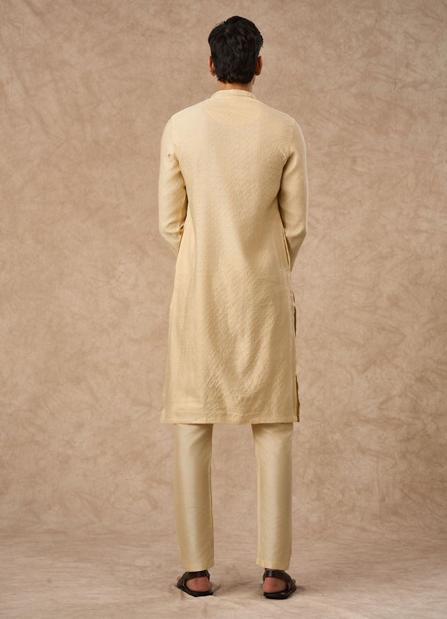 Manyavar Men Beige Blended Viscose Kurta Pajama with Textured Design