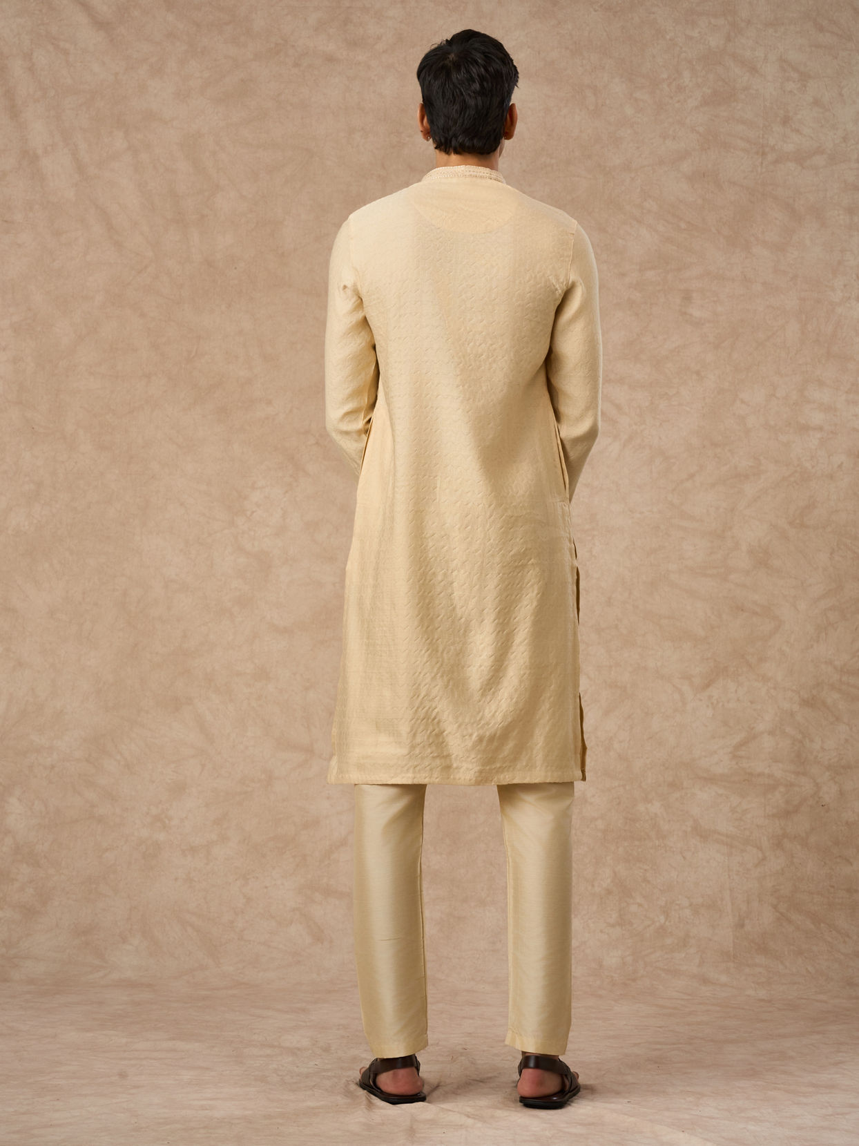 Manyavar Men Beige Blended Viscose Kurta Pajama with Textured Design
