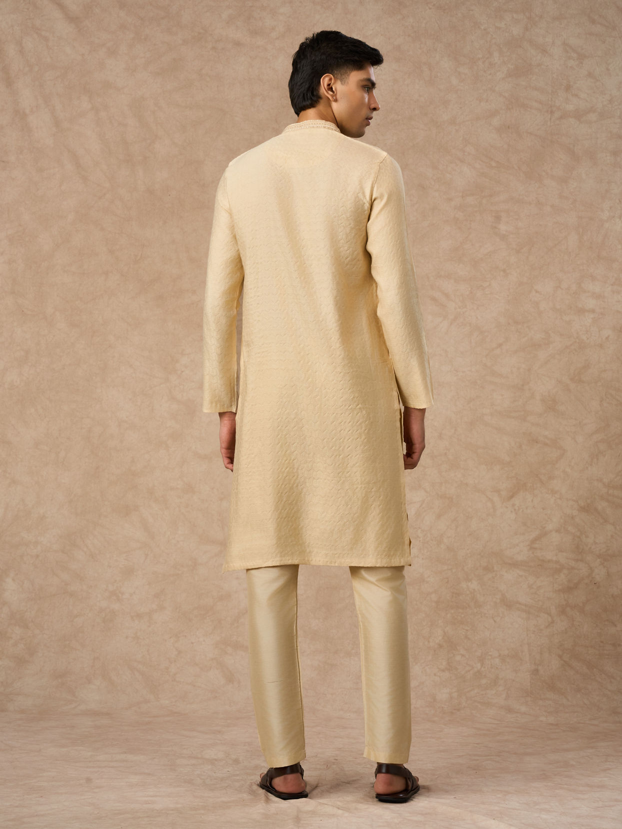 Manyavar Men Beige Blended Viscose Kurta Pajama with Textured Design