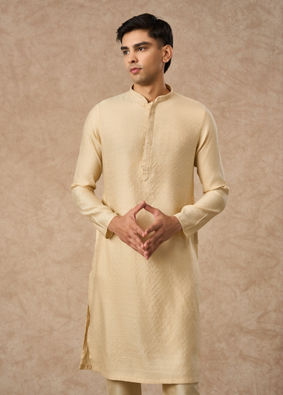 Manyavar Men Beige Blended Viscose Kurta Pajama with Textured Design