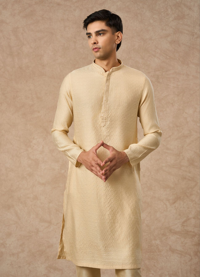 Manyavar Men Beige Blended Viscose Kurta Pajama with Textured Design