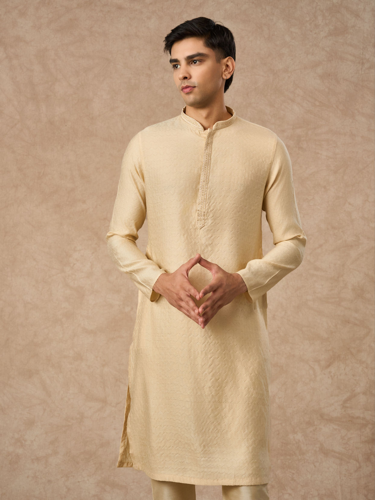 Manyavar Men Beige Blended Viscose Kurta Pajama with Textured Design