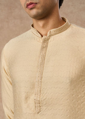 Manyavar Men Beige Blended Viscose Kurta Pajama with Textured Design