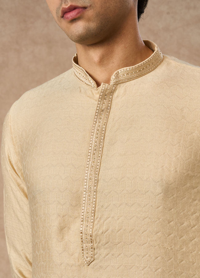 Manyavar Men Beige Blended Viscose Kurta Pajama with Textured Design