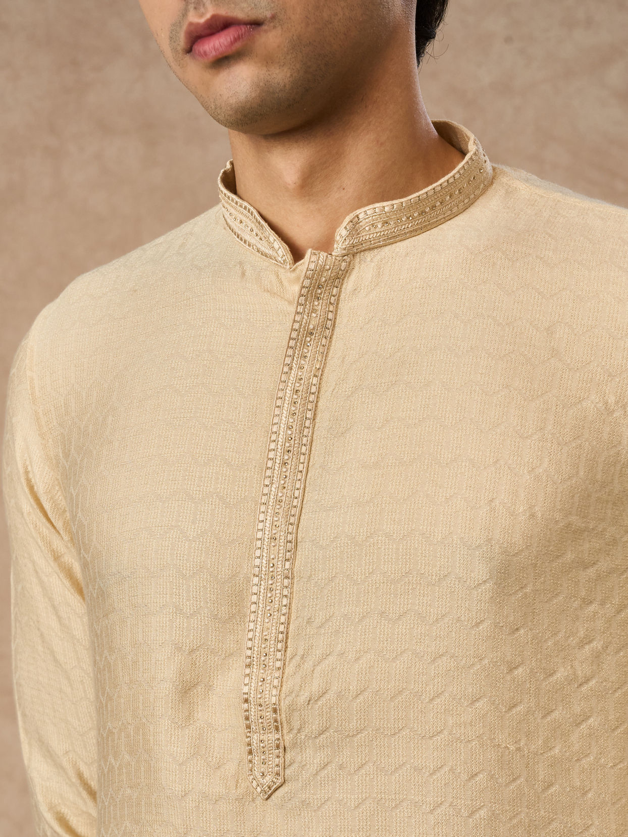 Manyavar Men Beige Blended Viscose Kurta Pajama with Textured Design
