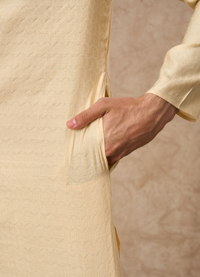 Manyavar Men Beige Blended Viscose Kurta Pajama with Textured Design