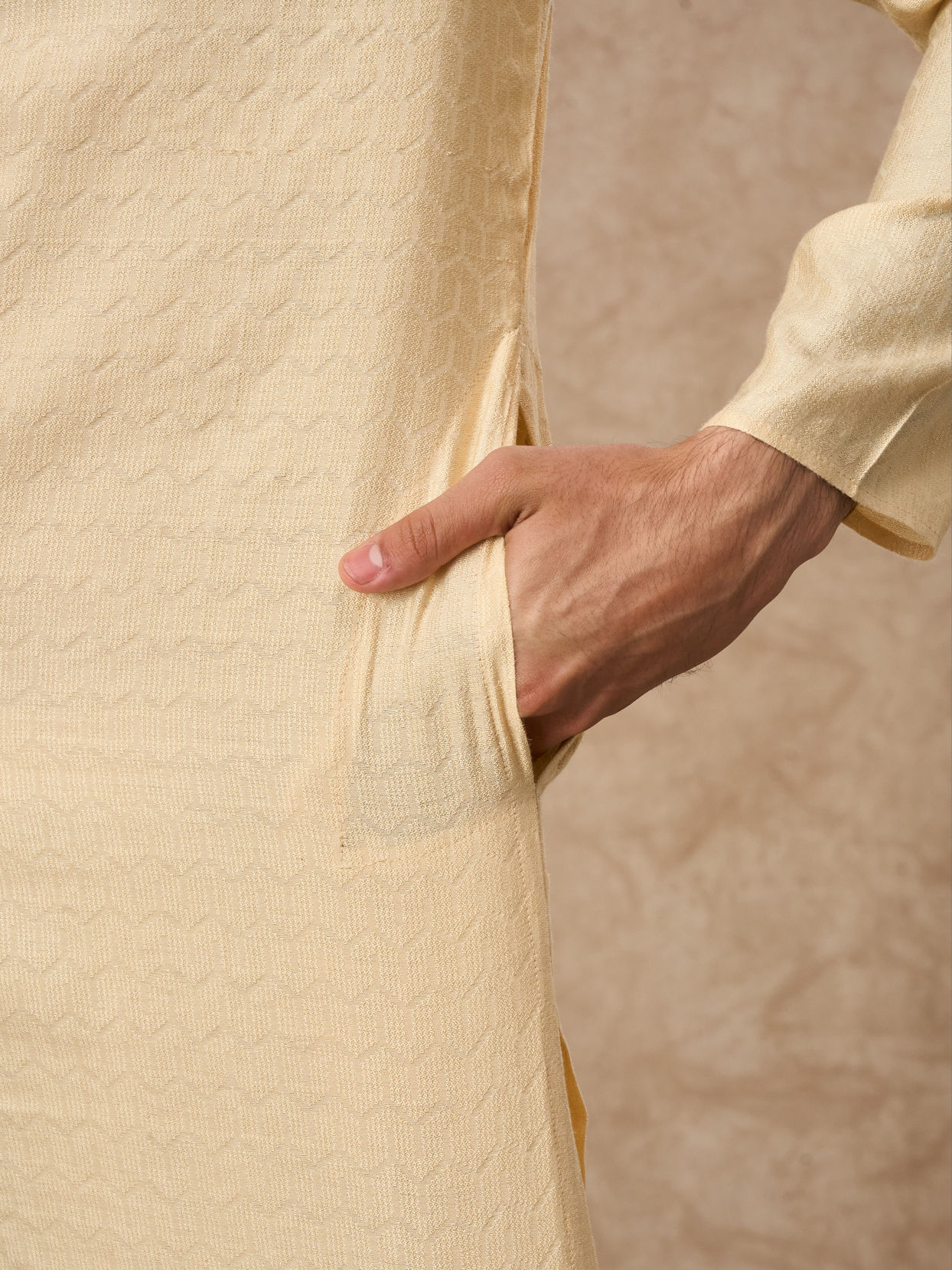 Manyavar Men Beige Blended Viscose Kurta Pajama with Textured Design