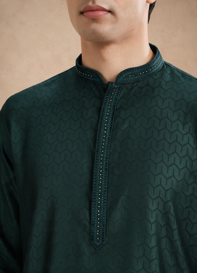 Manyavar Men Dark Green Blended Viscose Kurta Pajama with Basic Design