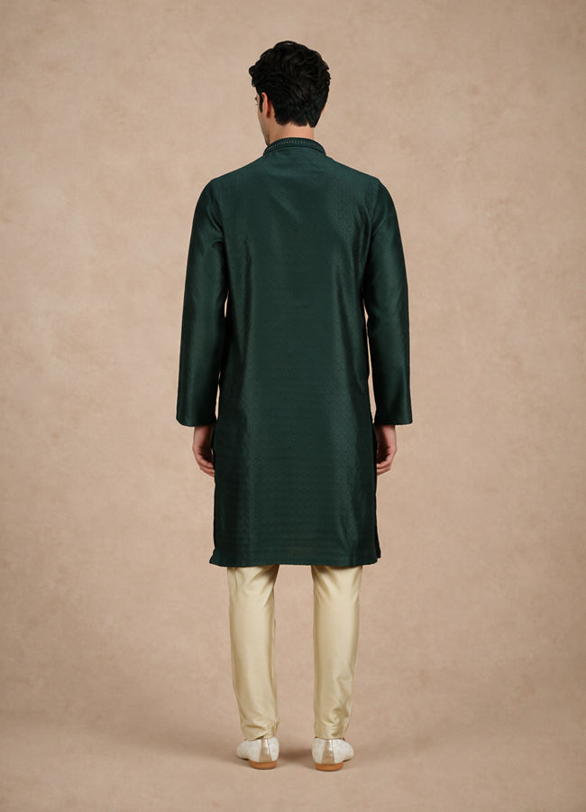 Manyavar Men Dark Green Blended Viscose Kurta Pajama with Basic Design