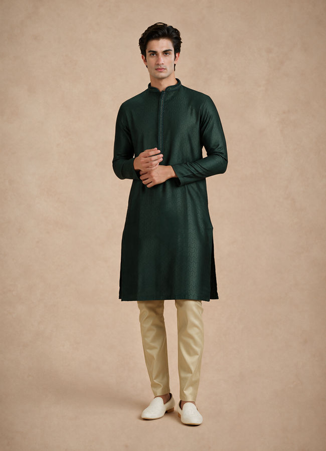 Manyavar Men Dark Green Blended Viscose Kurta Pajama with Basic Design