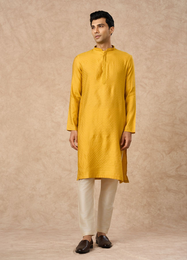 Manyavar Men Mustard Blended Viscose Kurta Pajama