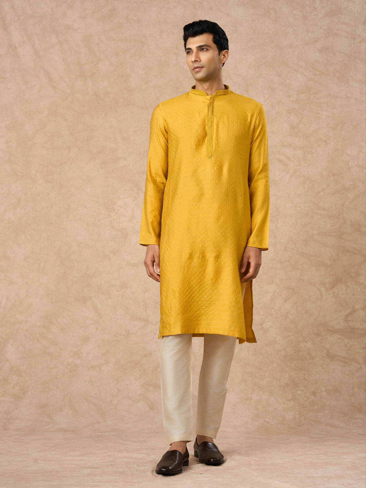 Manyavar Men Mustard Blended Viscose Kurta Pajama