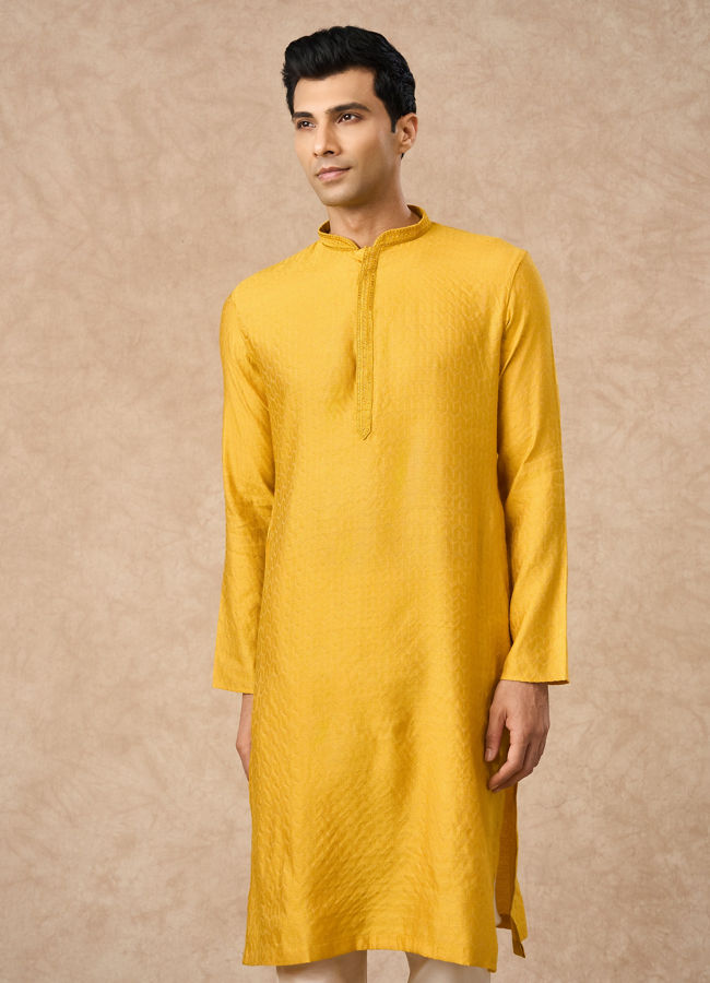 Manyavar Men Mustard Blended Viscose Kurta Pajama