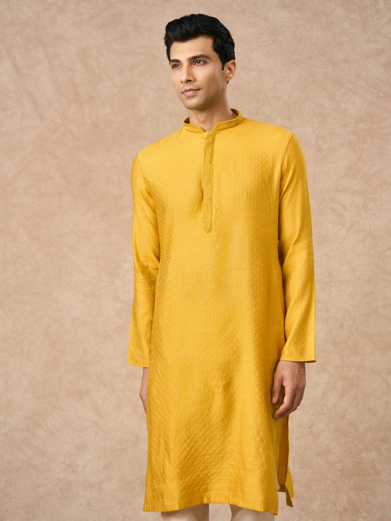 Manyavar Men Mustard Blended Viscose Kurta Pajama