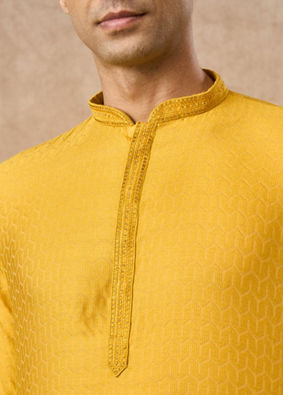 Manyavar Men Mustard Blended Viscose Kurta Pajama