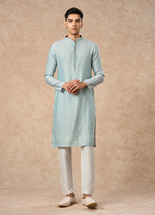 Manyavar Men Light Blue Blended Viscose Kurta Pajama