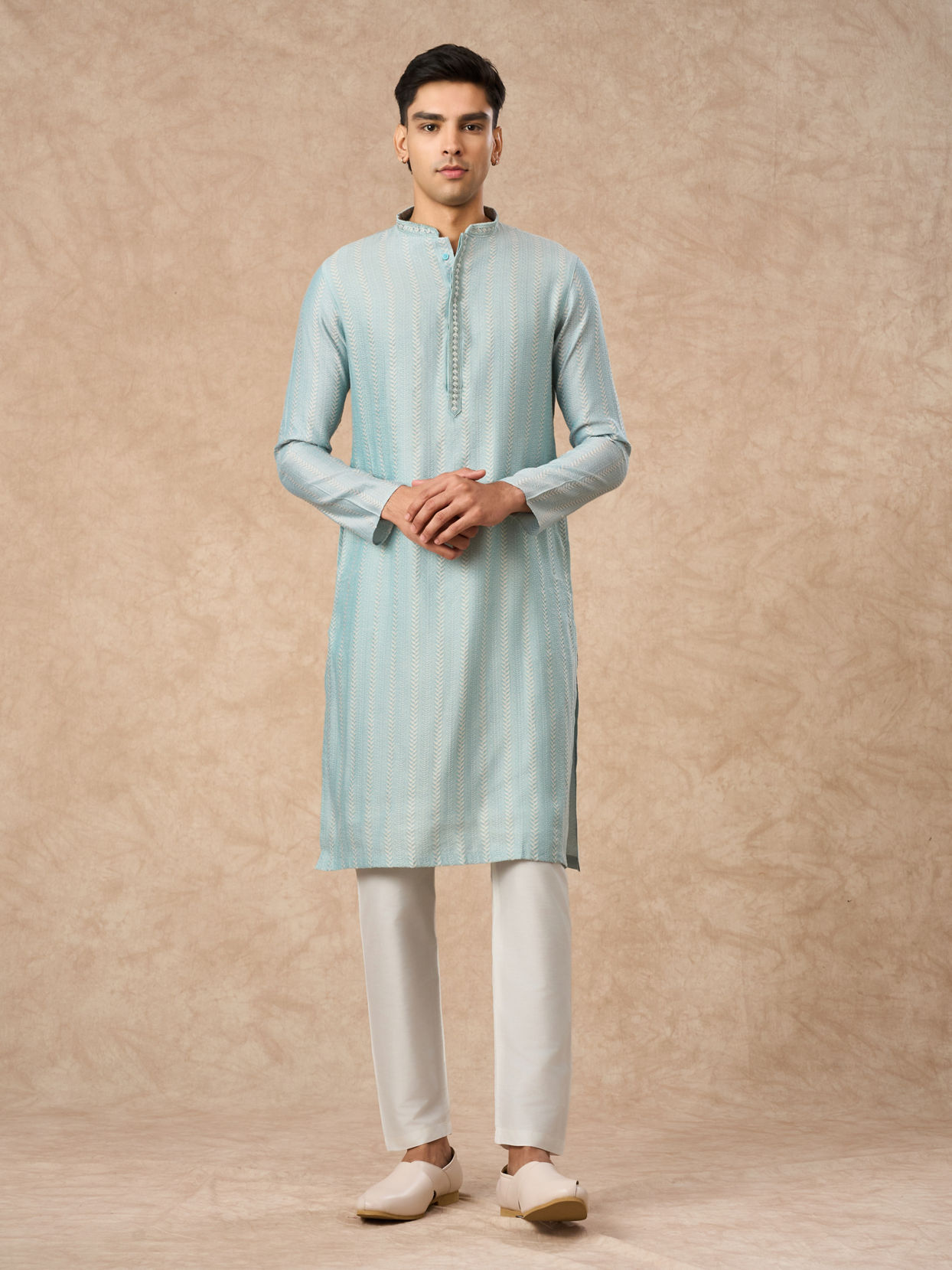 Manyavar Men Light Blue Blended Viscose Kurta Pajama