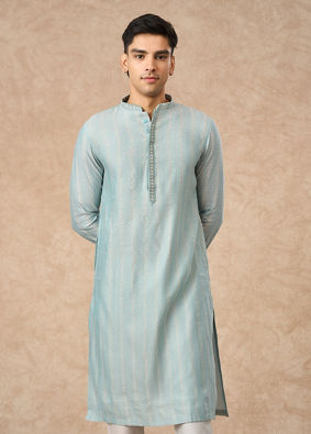 Manyavar Men Light Blue Blended Viscose Kurta Pajama