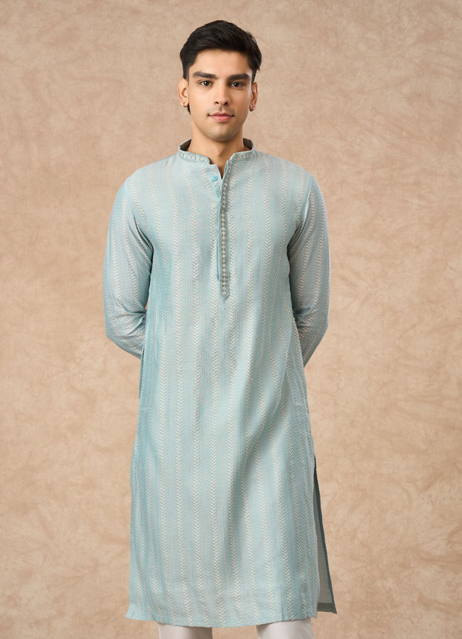 Manyavar Men Light Blue Blended Viscose Kurta Pajama