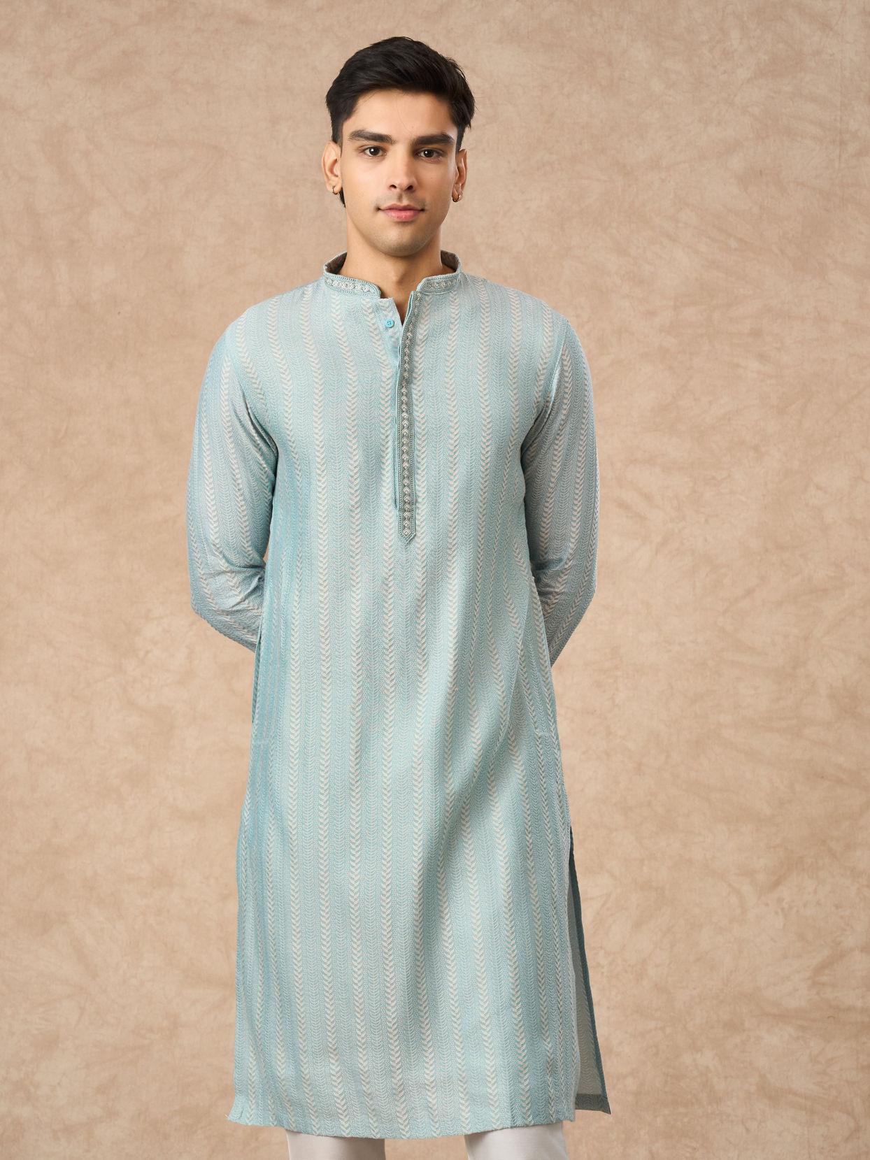 Manyavar Men Light Blue Blended Viscose Kurta Pajama