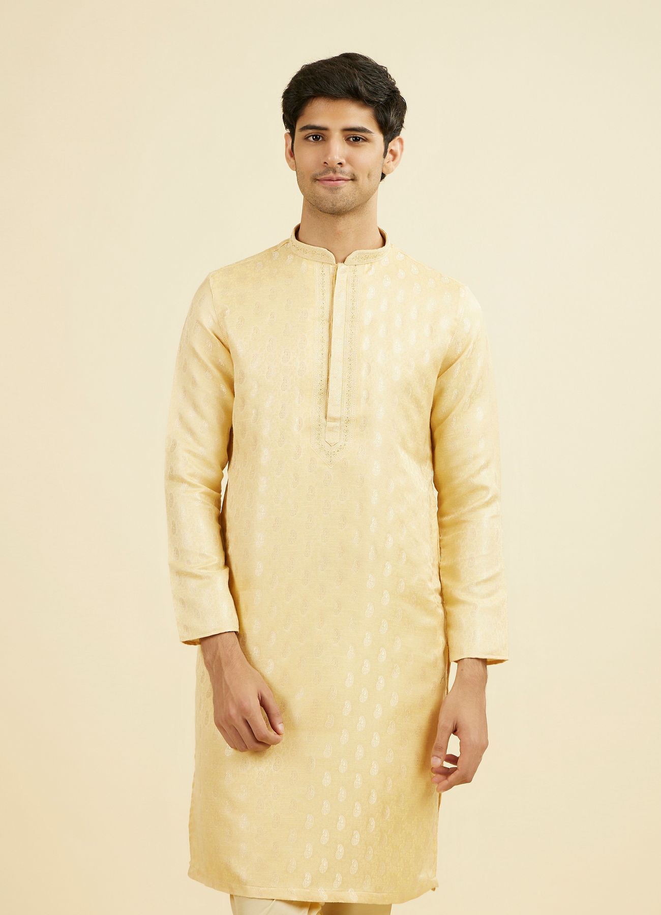 Manyavar Men Beige Brocade Elegance Kurta Pajama