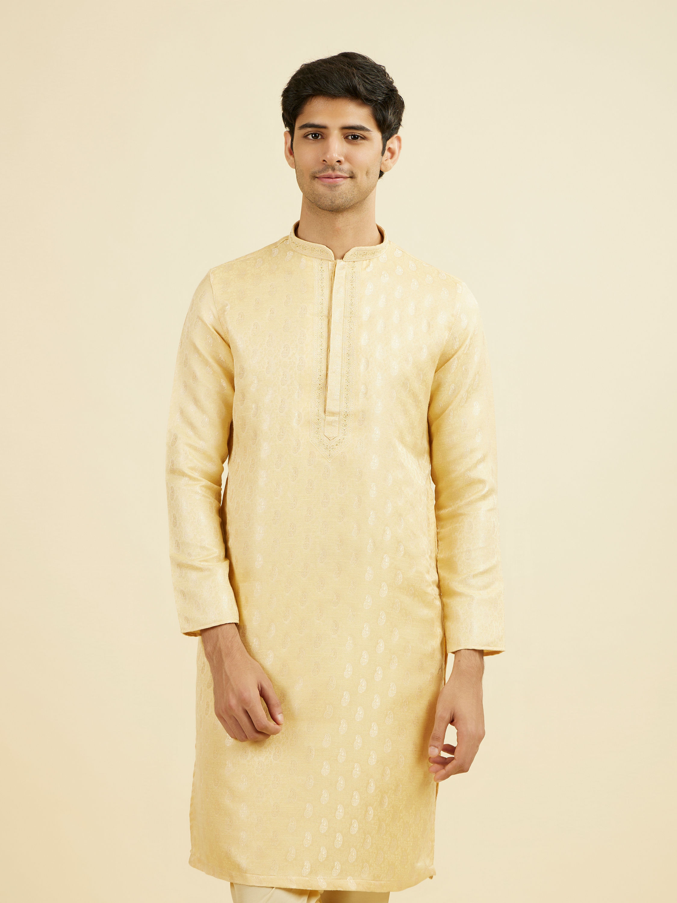 Manyavar Men Beige Brocade Elegance Kurta Pajama