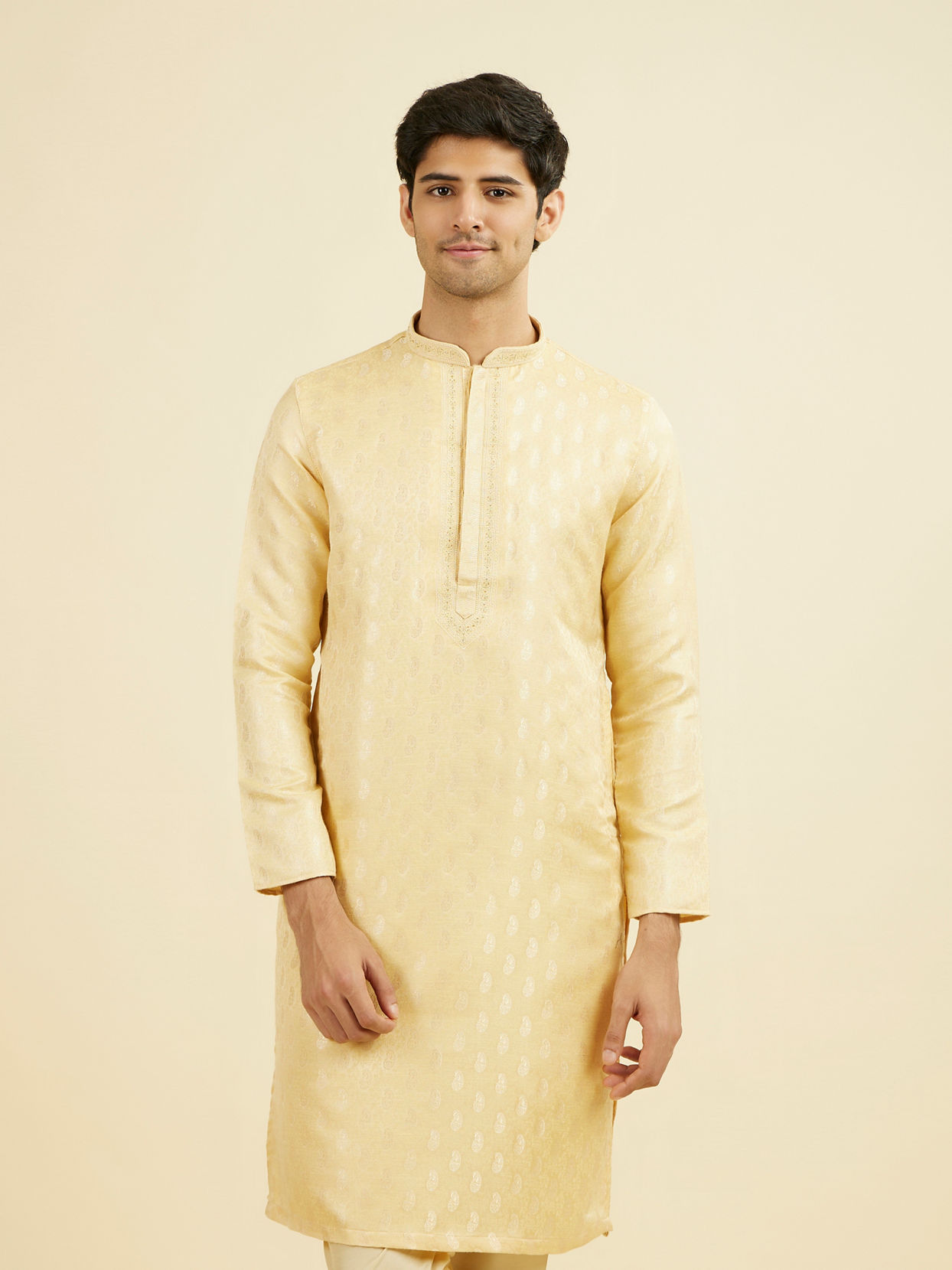 Manyavar Men Beige Brocade Elegance Kurta Pajama