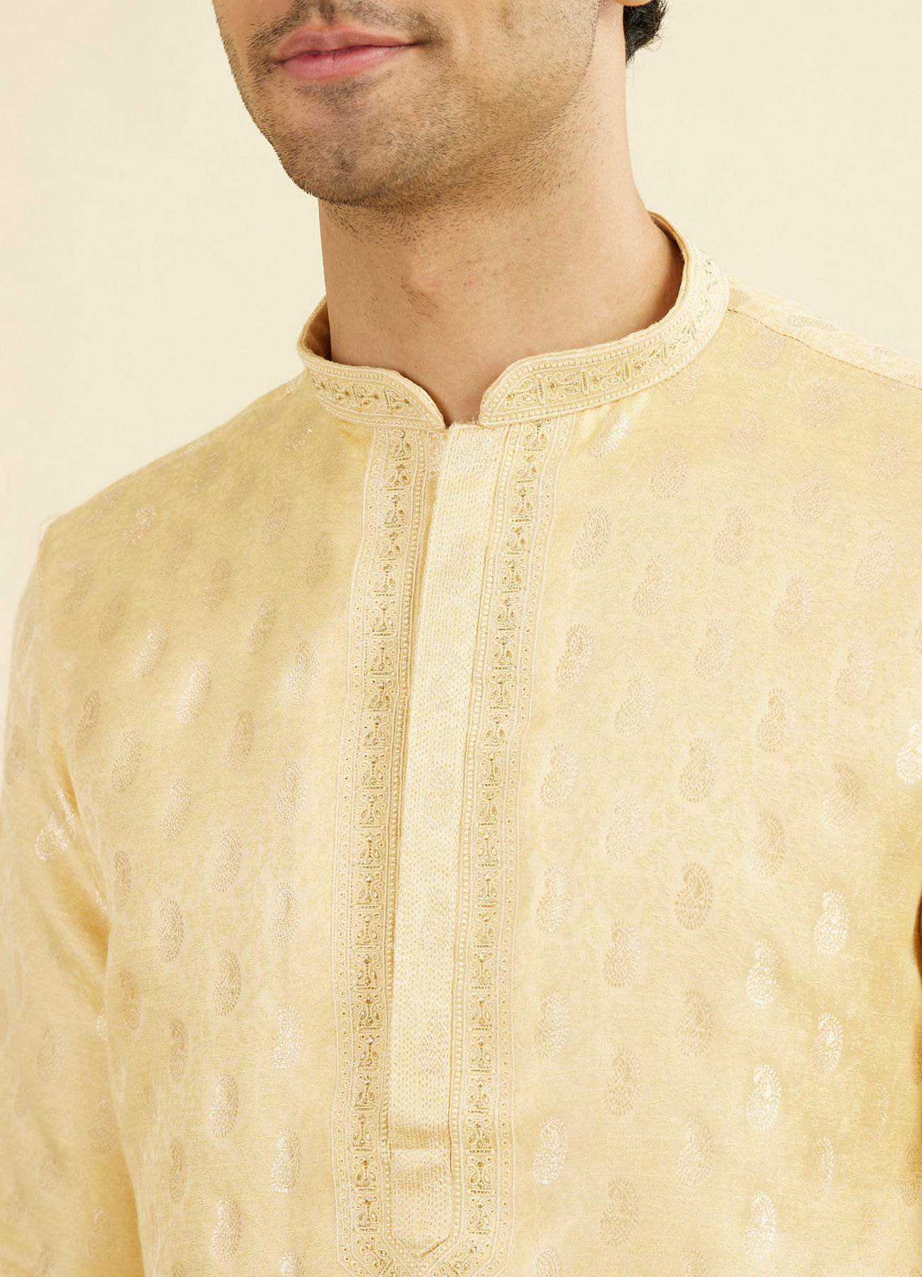 Manyavar Men Beige Brocade Elegance Kurta Pajama