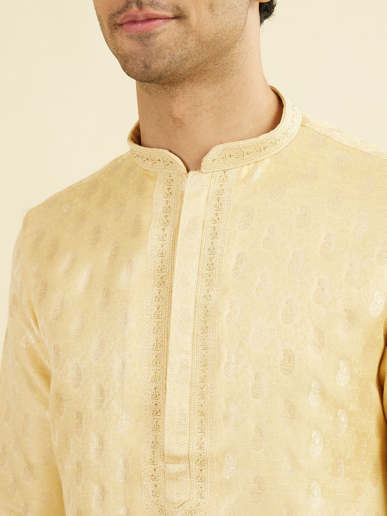 Manyavar Men Beige Brocade Elegance Kurta Pajama