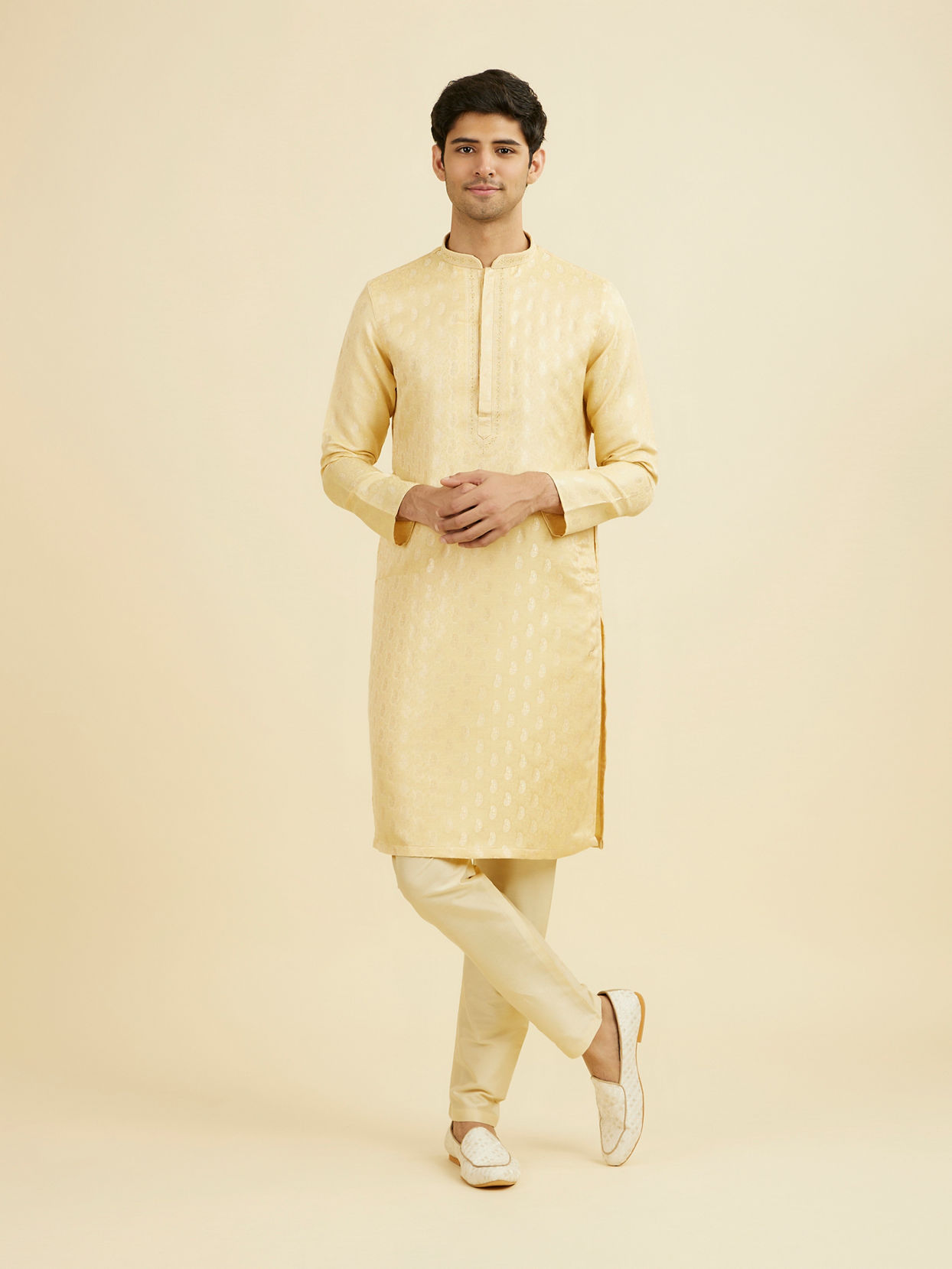 Manyavar Men Beige Brocade Elegance Kurta Pajama