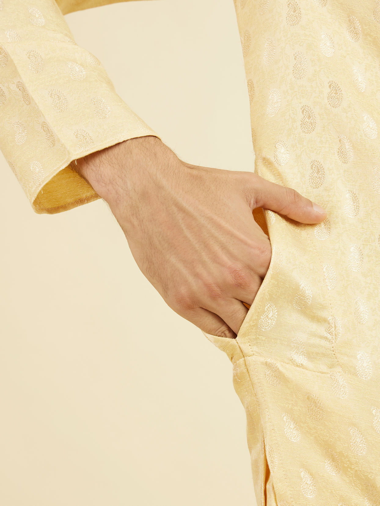 Manyavar Men Beige Brocade Elegance Kurta Pajama