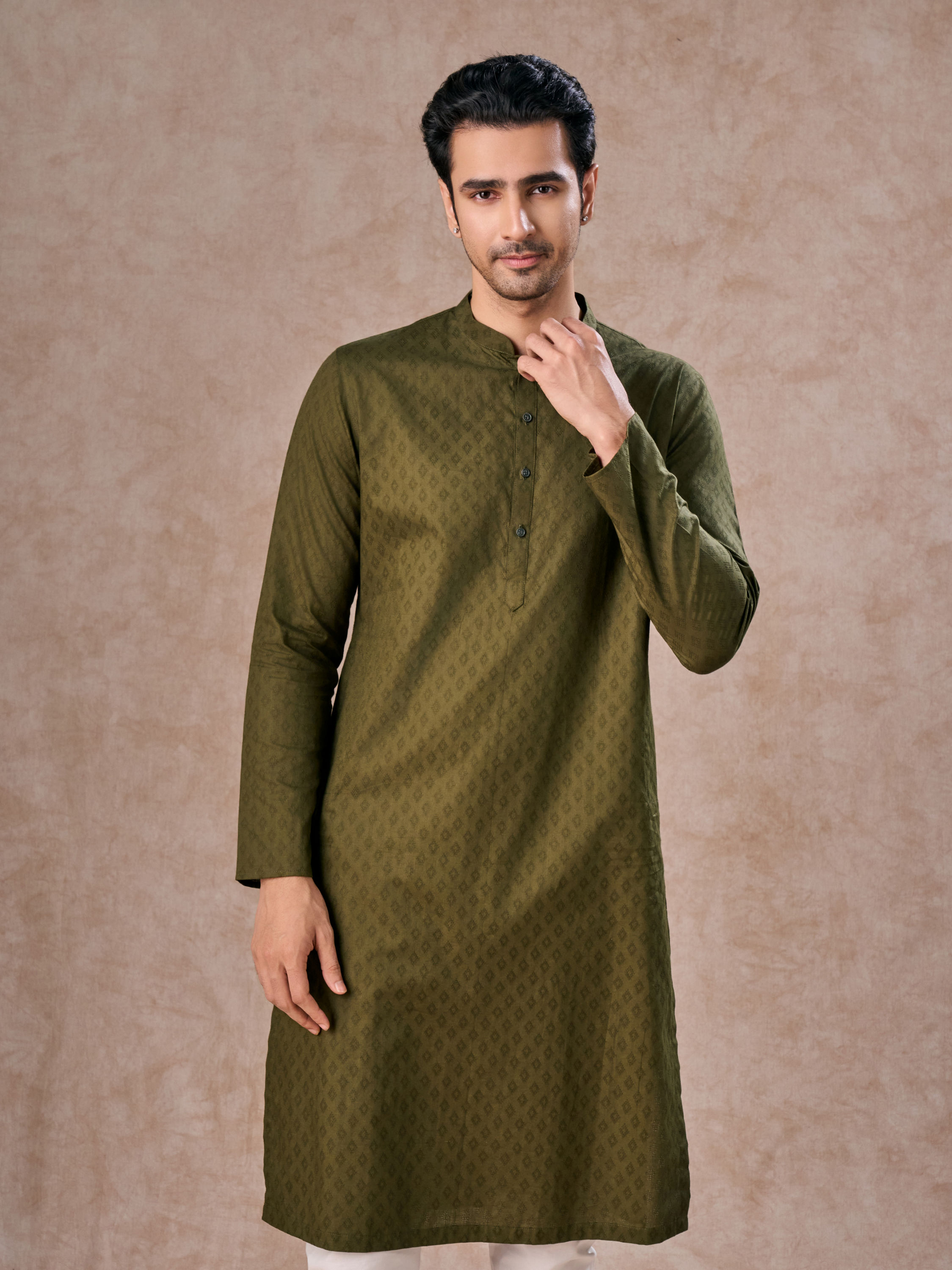 Manyavar Men Olive Green Cotton Kurta Pajama