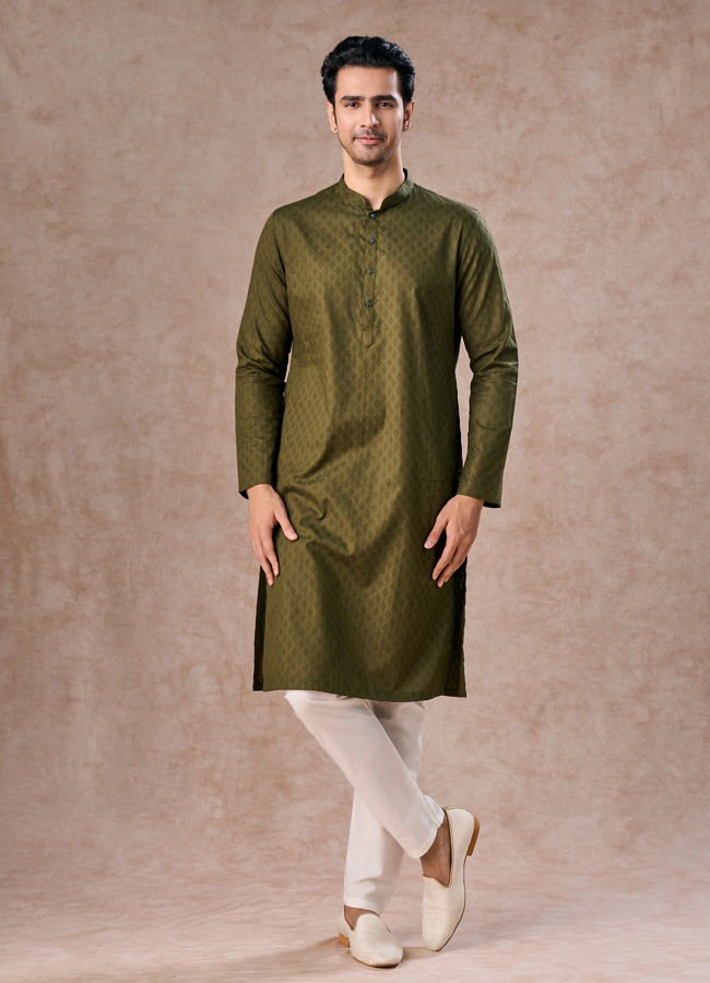 Manyavar Men Olive Green Cotton Kurta Pajama