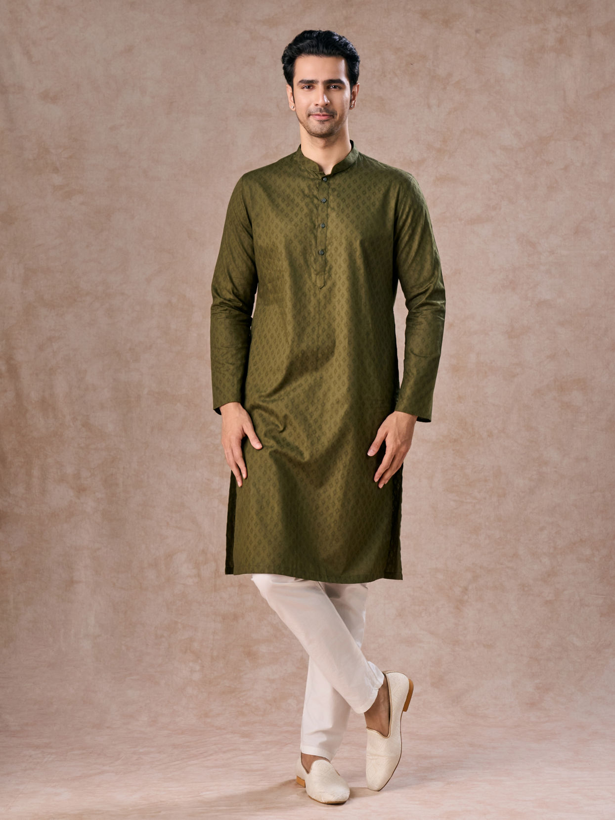 Manyavar Men Olive Green Cotton Kurta Pajama